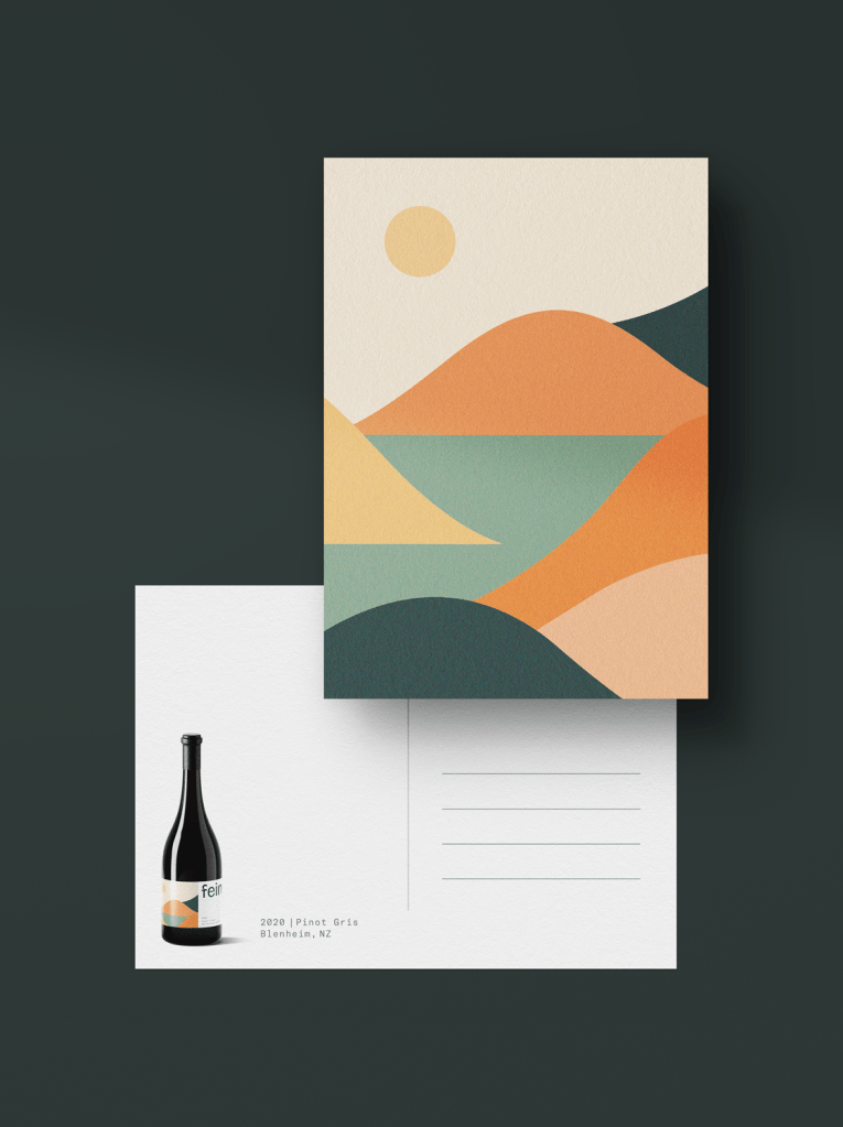 Postkarte für neuseeländisch-deutsches Weinlabel »fein«